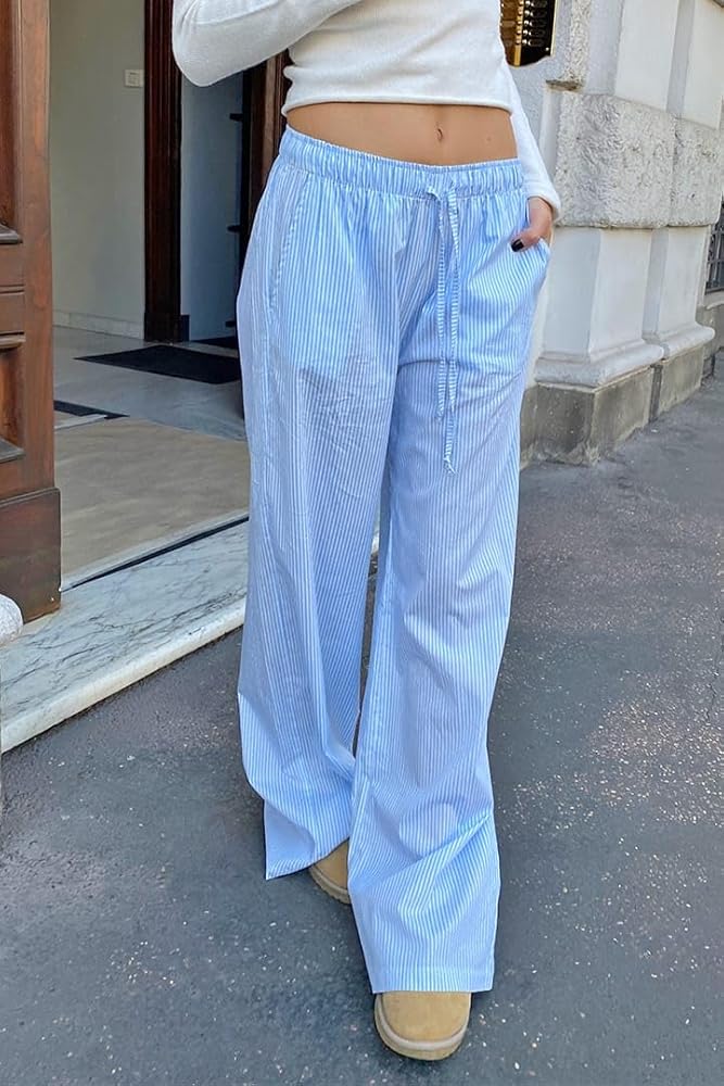 Striped Print Wide Leg Pj Pants for Women Y2k Casual Baggy
